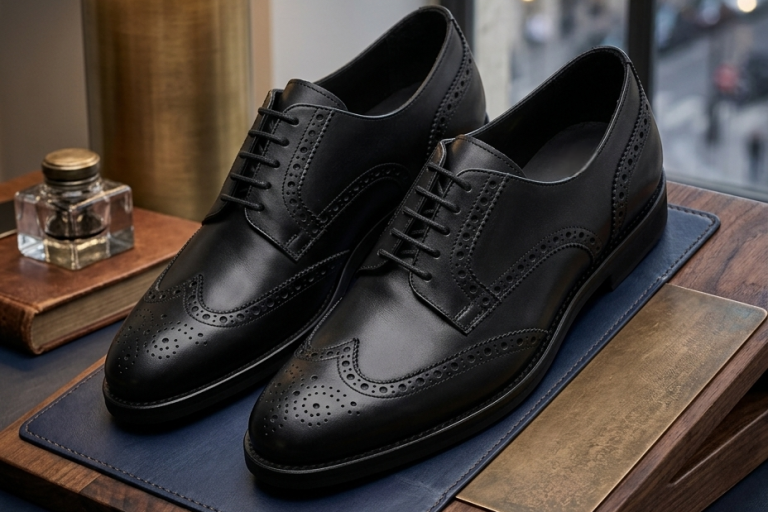 Schwarze Herren-Brogues aus Leder | Schuhsalon Marco Schwarze Herren-Brogues aus Leder mit klassischer Lochverzierung und Schnürung.