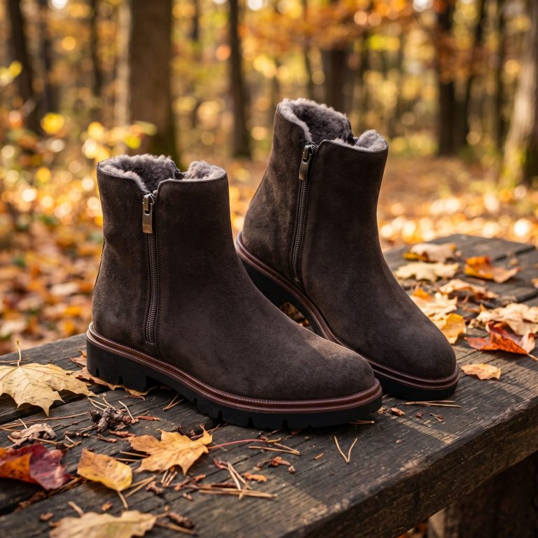 Damen-Stiefeletten aus Veloursleder | Schuhsalon Marco München Braune Damen - Stiefeletten aus Veloursleder und echtem Lammfellfutter mit seitlichem Reißverschluss, präsentiert in herbstlichen Ambiente.