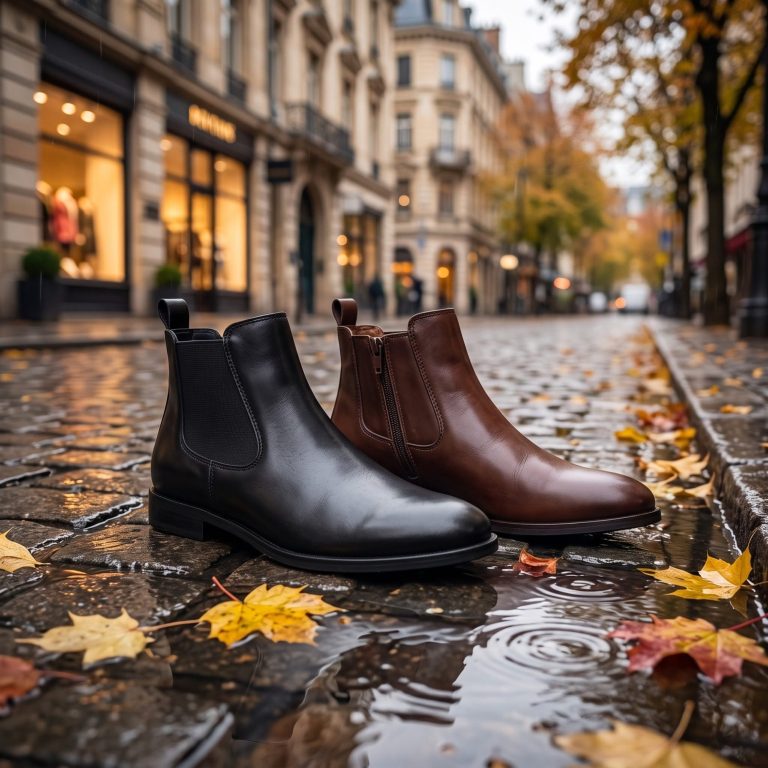 Klassische Chelsea Boots aus Glattleder | Schuhsalon Marco Schwarze und braune Chelsea Boots aus Glattleder auf herbstlichen Kopfsteinpflaster.