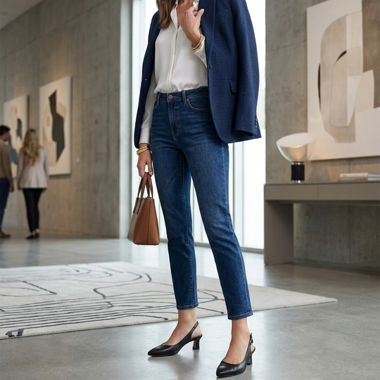 Schwarze Slingpumps für Damen| Schuhsalon Marco Dame in schwarzen Slingpumps mit Absatz, kombiniert mit Jeans und dunkelblauem Blazer.