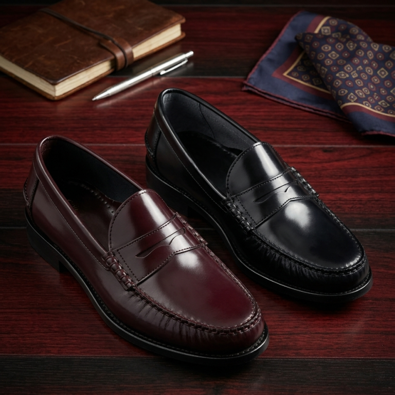 Elegante Herrenloafers aus Leder | Schuhsalon Marco Klassische Pennyloafers in schwarz und bordeauxrot für Herren aus poliertem Leder auf einem eleganten Holztisch.
