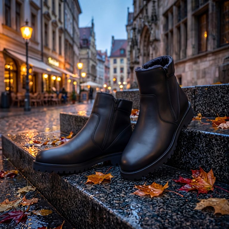 Warme schwarze Herrenstiefeletter aus Nappaleder | Schuhsalon Marco Schwarze Herrenstiefelette aus Nappaleder, lammfellgefüttert mit beidseitigem Reißverschluss auf herbstlicher, nasser Straße.
