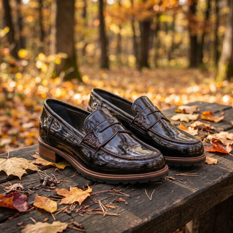 Elegante Damenloafers aus lackiertem Ziegenleder | Schuhsalon Marco Damenloafers aus schwarzem Lackleder mit braunen Kontrastnähten in herbstlichen Ambiente.