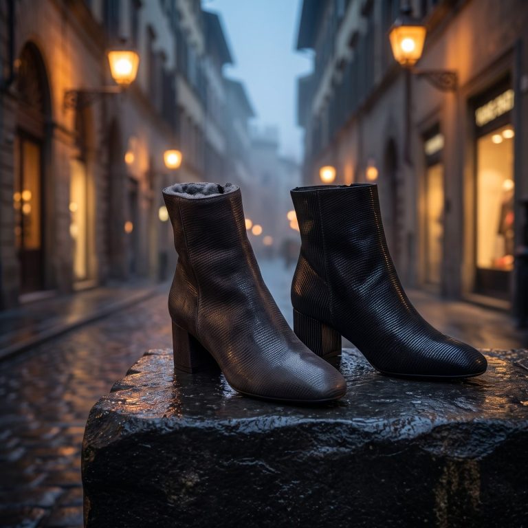 Elegante Damenstiefeletten aus geprägtem Leder | Schuhsalon Marco Schwarze und braune Stiefeletten aus geprägtem Leder und Lammfell mit Blockabsatz auf einer gepflasterten Straße.
