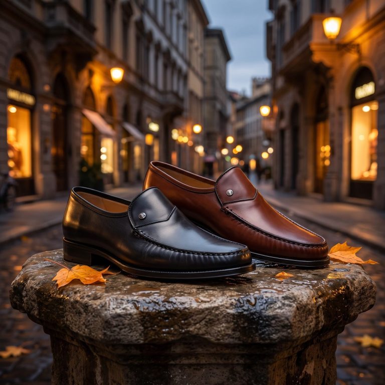 Elegante Herrenmokassins aus Leder | Schuhsalon Marco Schwarze und braune Herrenmokassins aus Glattleder auf herbstlichen Kopfsteinpflaster in abendlicher Stadtatmosphere.