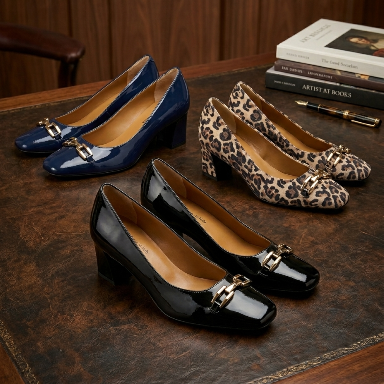 Klassische Damenpumps aus Leder | Schuhsalon Marco Elegante Damenlederpumps in den Farben Schwarzlack, Blaulack und Leoprint mit Blockabsatz und goldfarbener Schnalle.